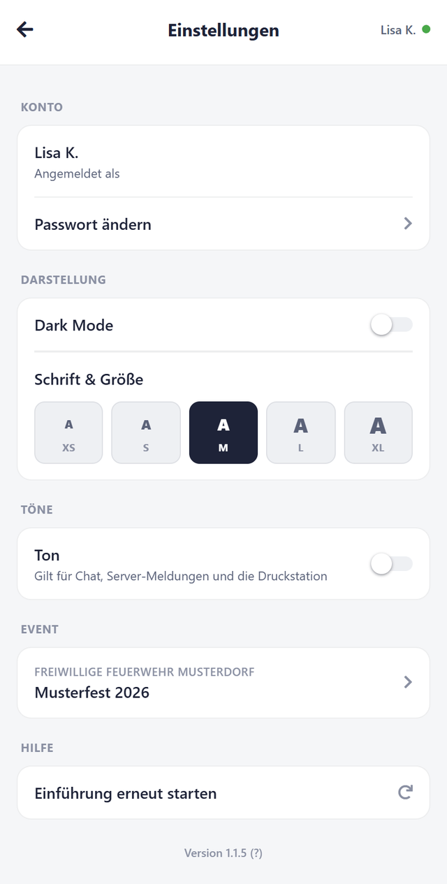 Einstellungen der Kellner-App mit den Abschnitten KONTO, DARSTELLUNG und TÖNE