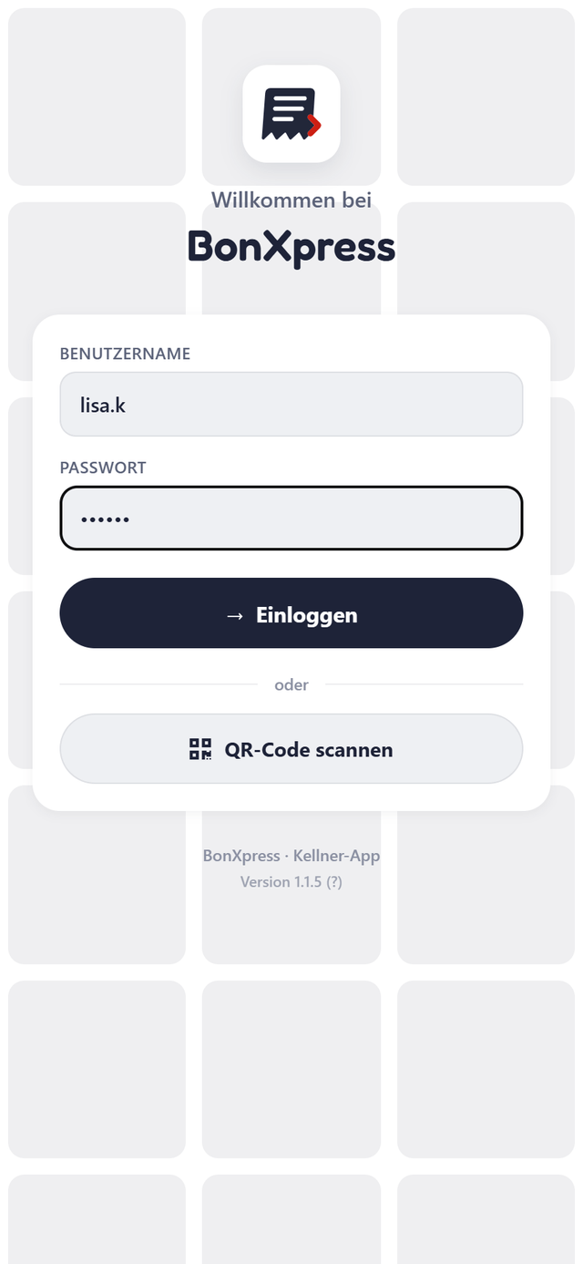 Anmeldebildschirm der Kellner-App mit Benutzername, Passwort und dem Knopf "QR-Code scannen"