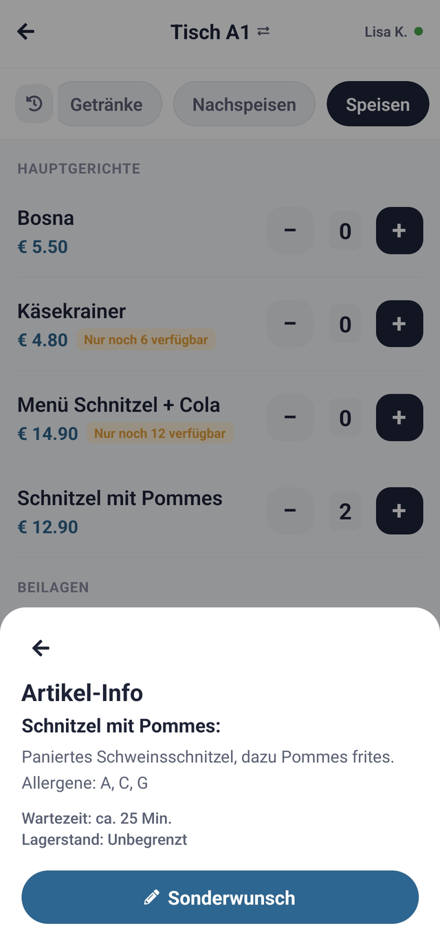 Fenster "Artikel-Info" mit Beschreibung, Allergenen, Wartezeit, Lagerstand und dem Knopf "Sonderwunsch"