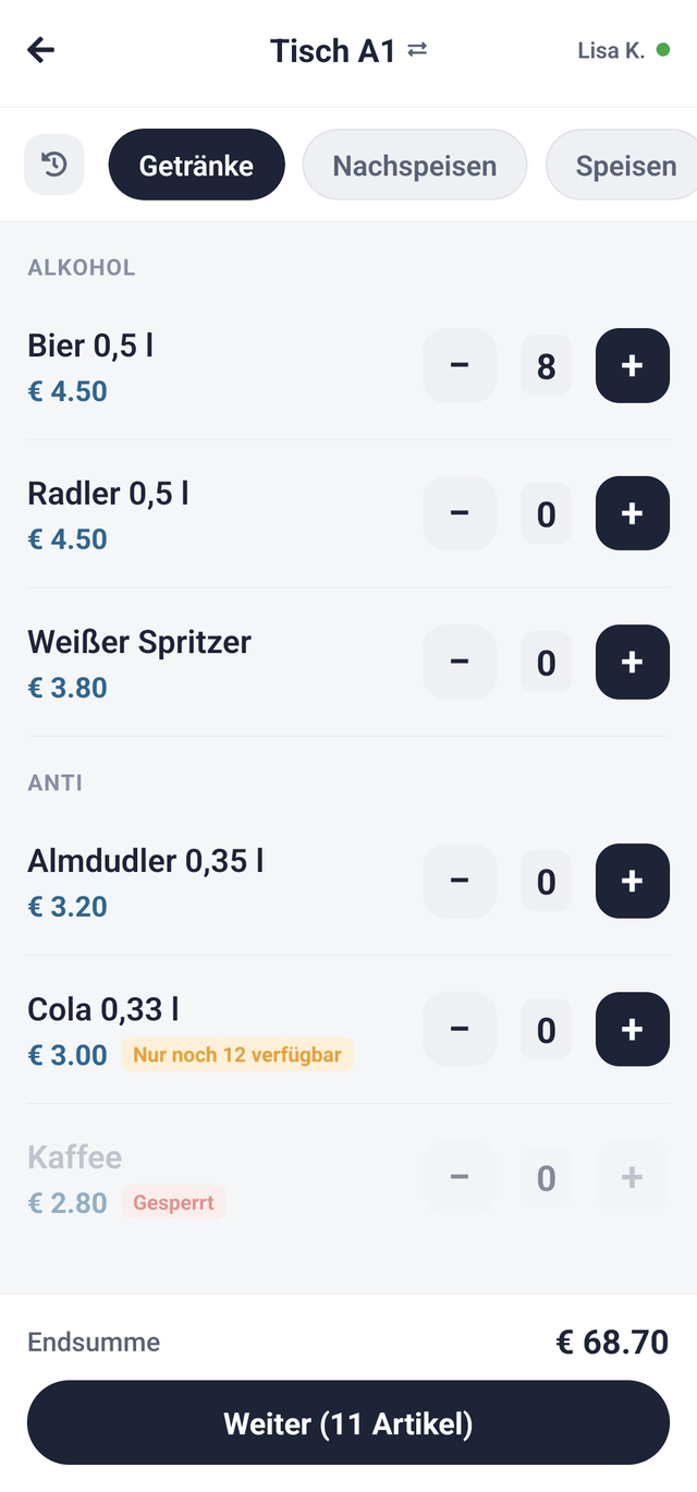 Artikelgruppe Getränke mit den Mengenschaltern, einem knappen Artikel und einem gesperrten Artikel