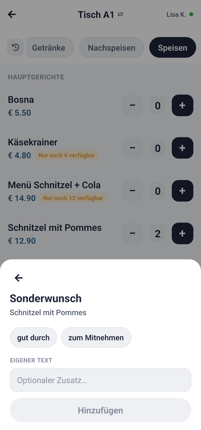 Fenster "Sonderwunsch" mit den vorbereiteten Feldern und dem Feld für eigenen Text