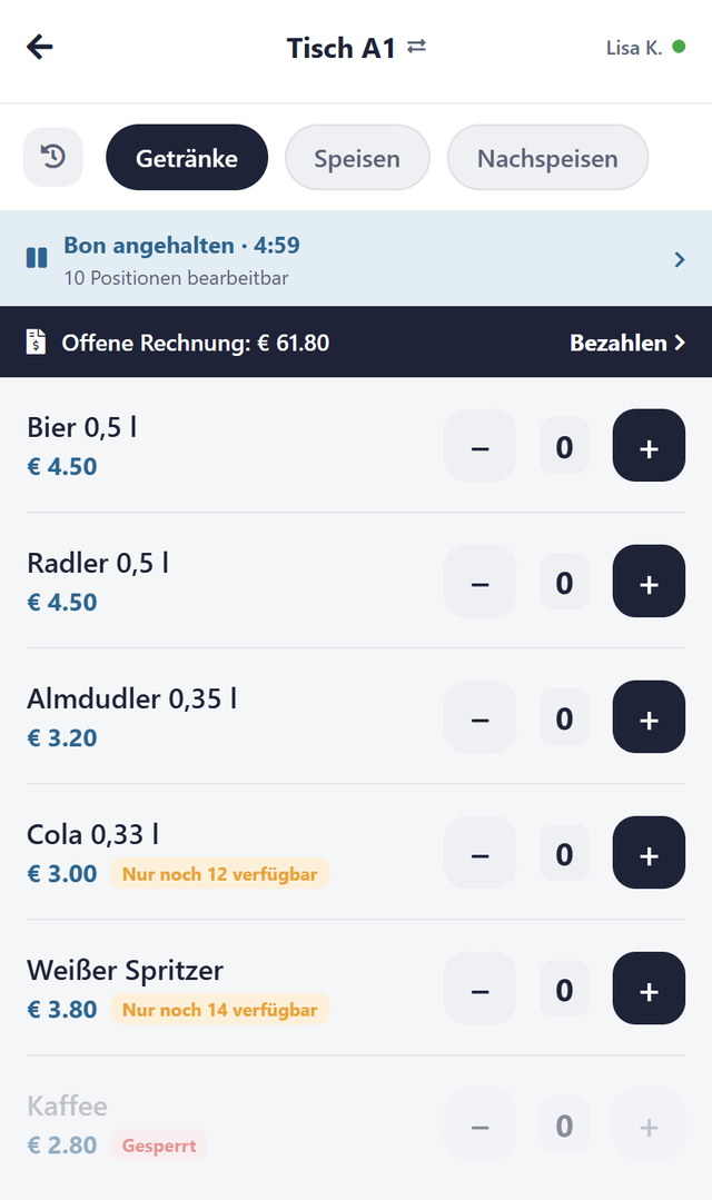 Artikelseite eines Tisches mit dem Band "Bon angehalten" und der Restzeit