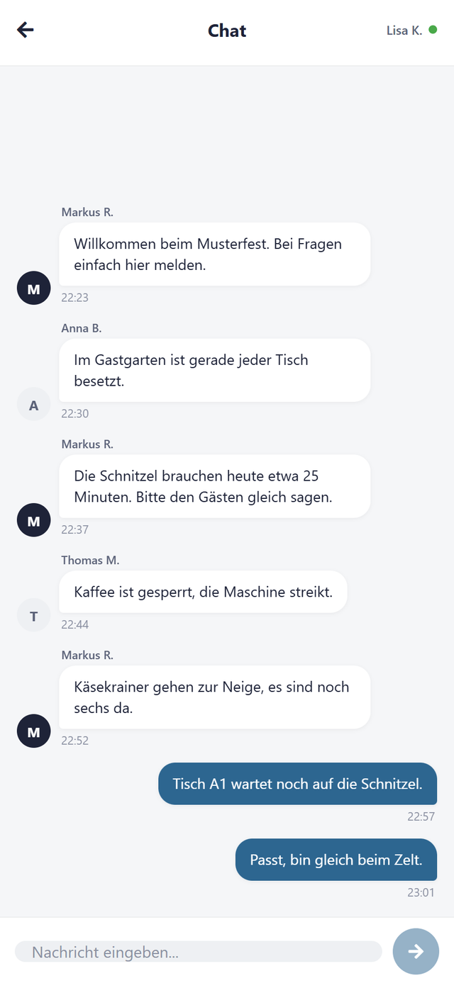 Chat-Bildschirm mit mehreren Nachrichten, einer hervorgehobenen Oberkellner-Nachricht und dem Eingabefeld unten