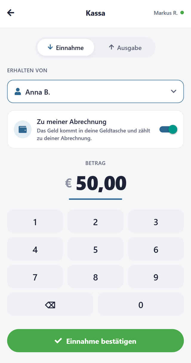Kassa-Bildschirm mit Einnahme-Ausgabe-Umschalter, Personenauswahl und großem Betragsfeld