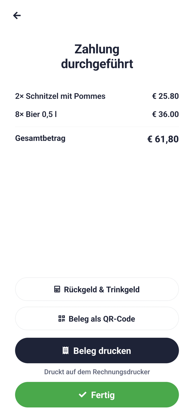 Bildschirm "Zahlung durchgeführt" mit der Aufstellung und den Knöpfen für Rückgeld, Beleg und Fertig