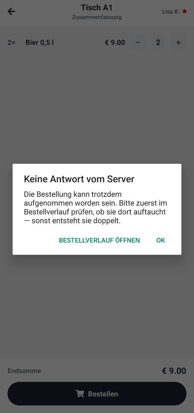 Meldung "Keine Antwort vom Server" mit den Knöpfen "Bestellverlauf öffnen" und "OK"
