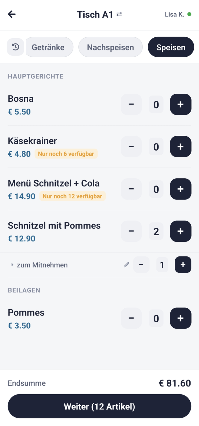 Artikelliste in der Kellner-App, unter dem Artikel steht der Sonderwunsch als eigene Zeile