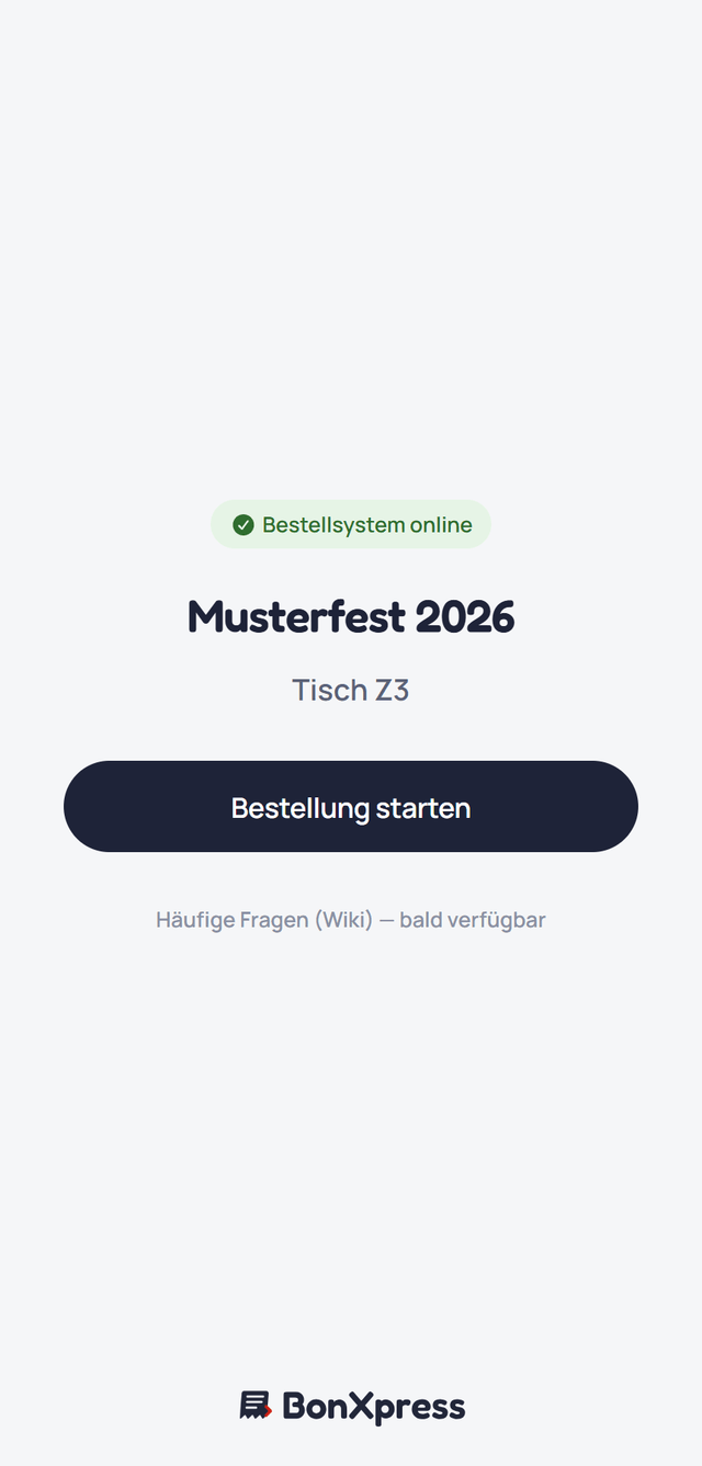 Startseite der Selbstbestellung mit Statuszeile, Festname, Tisch und dem Knopf "Bestellung starten"