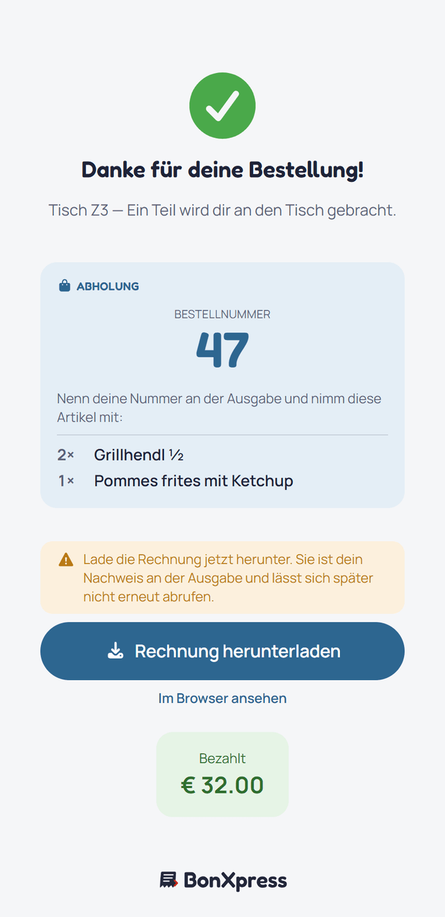 Bestätigungsseite mit Abholblock, Bestellnummer und dem Knopf "Rechnung herunterladen"